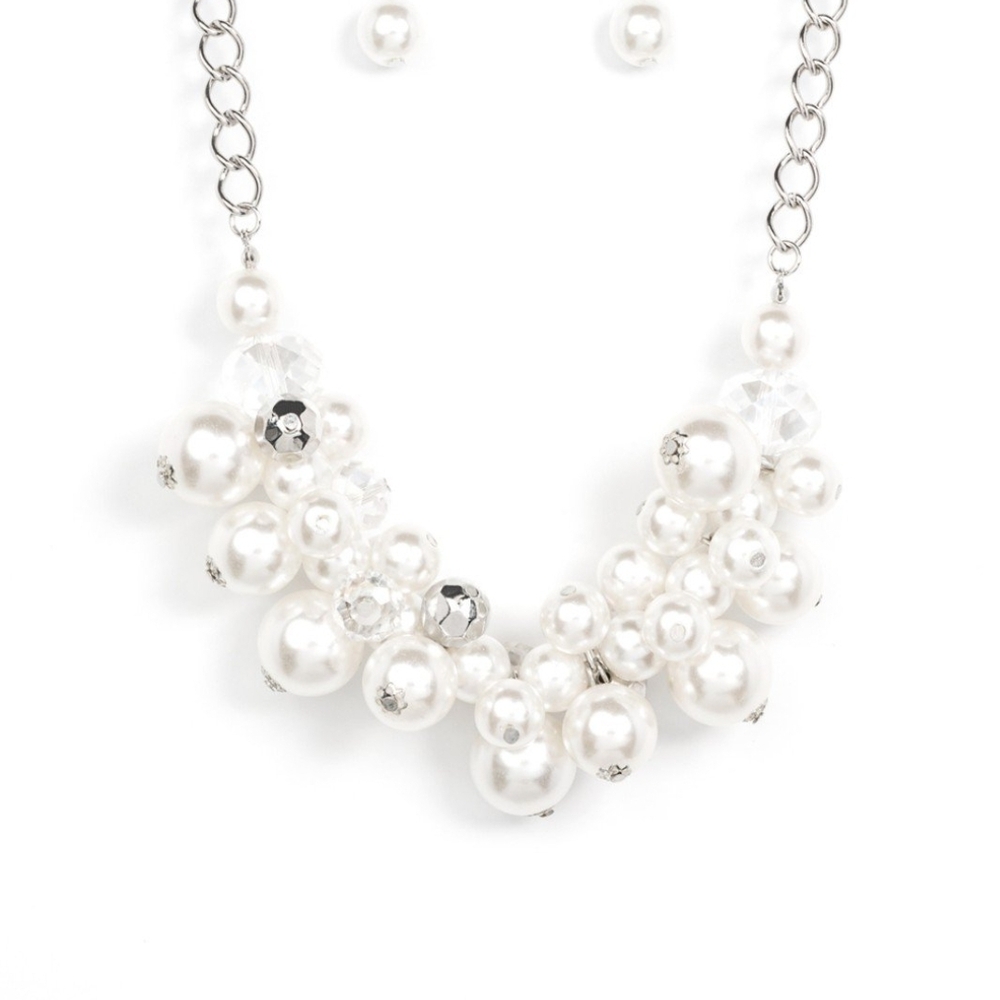 Paparazzi White and Silver Pearl Cascade Necklace Romantically Reminiscent